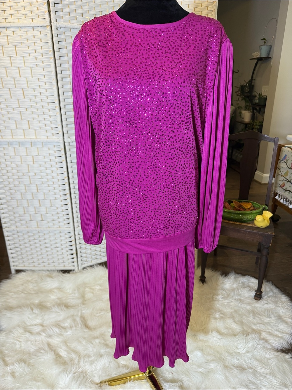 Fuchsia Long-Sleeve Sequin Pleated Dress